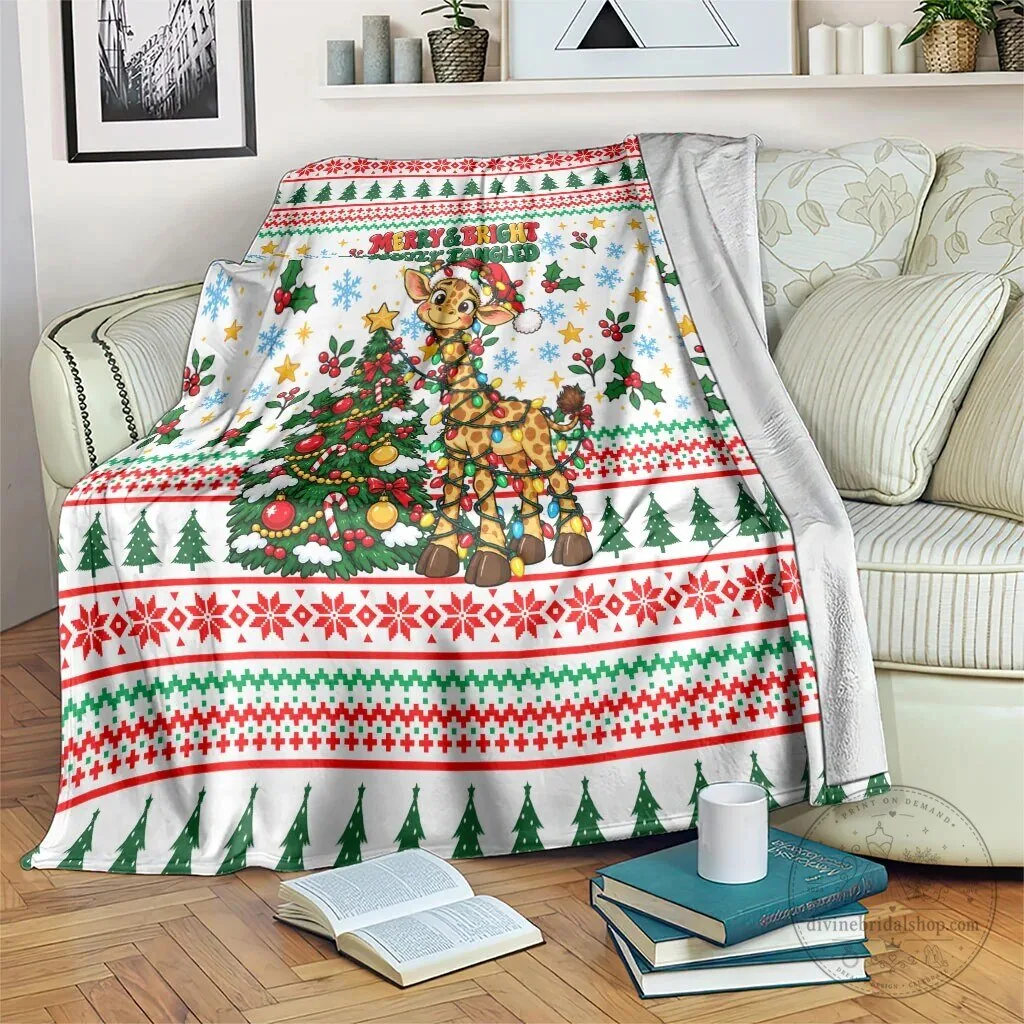 Cute Christmas Giraffe Lights Holiday Ugly Sweater Pattern Soft Blanket