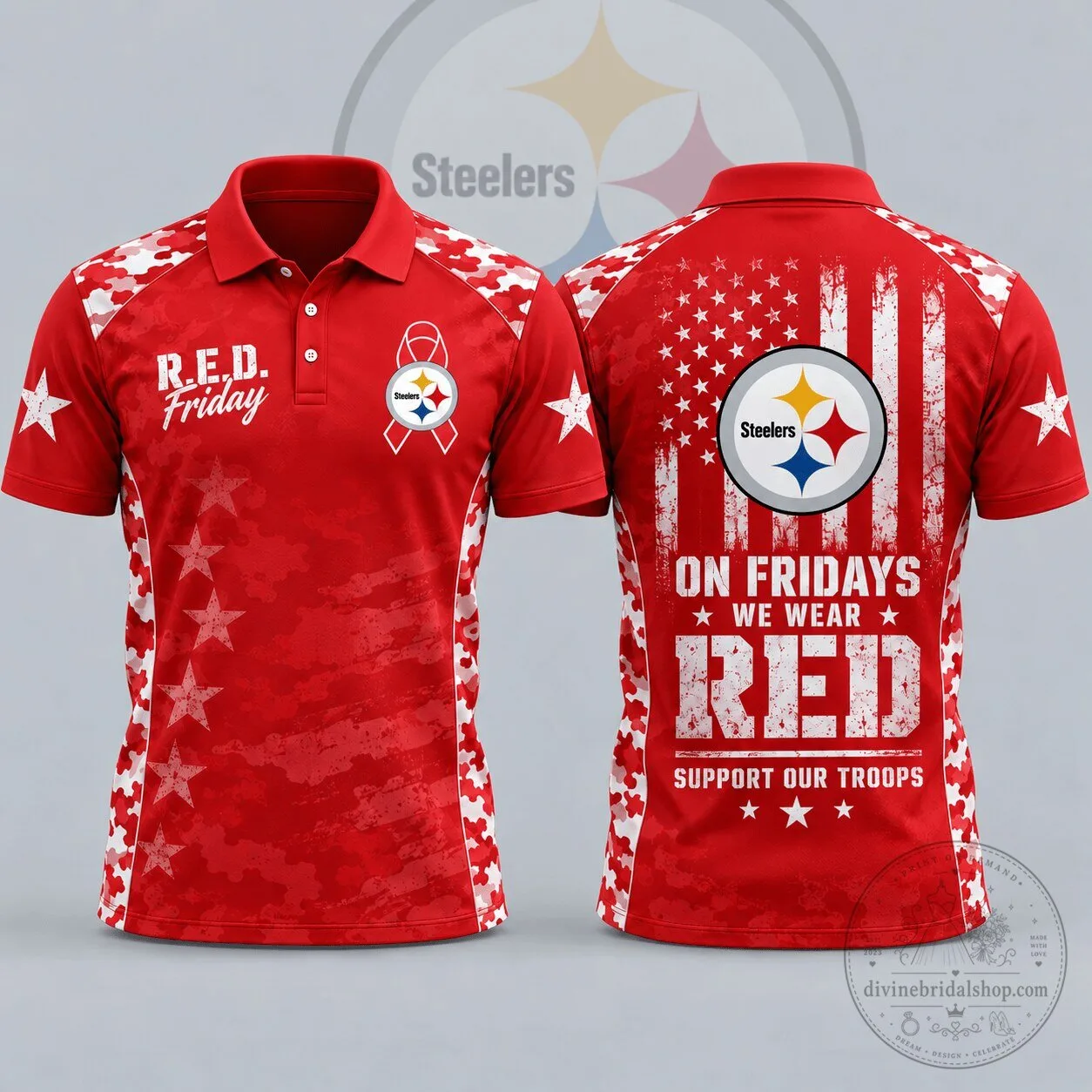 Pittsburgh Steelers R.E.D. Friday Patriotic Military Camouflage American Flag Polo Shirt