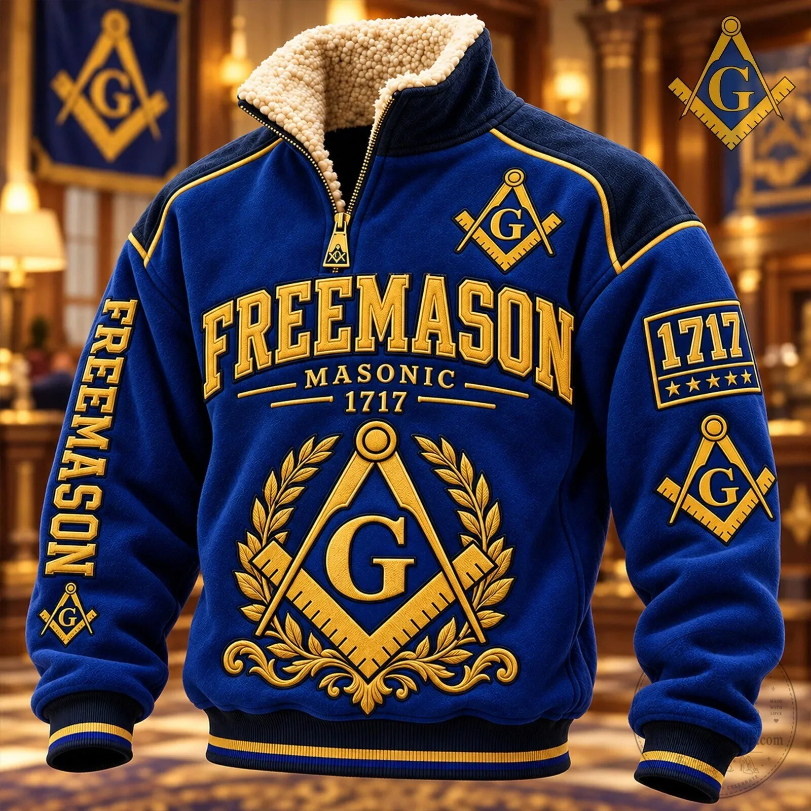 Freemason Masonic 1717 Blue Gold Sherpa Collar Quarter Zip Pullover Sweatshirt