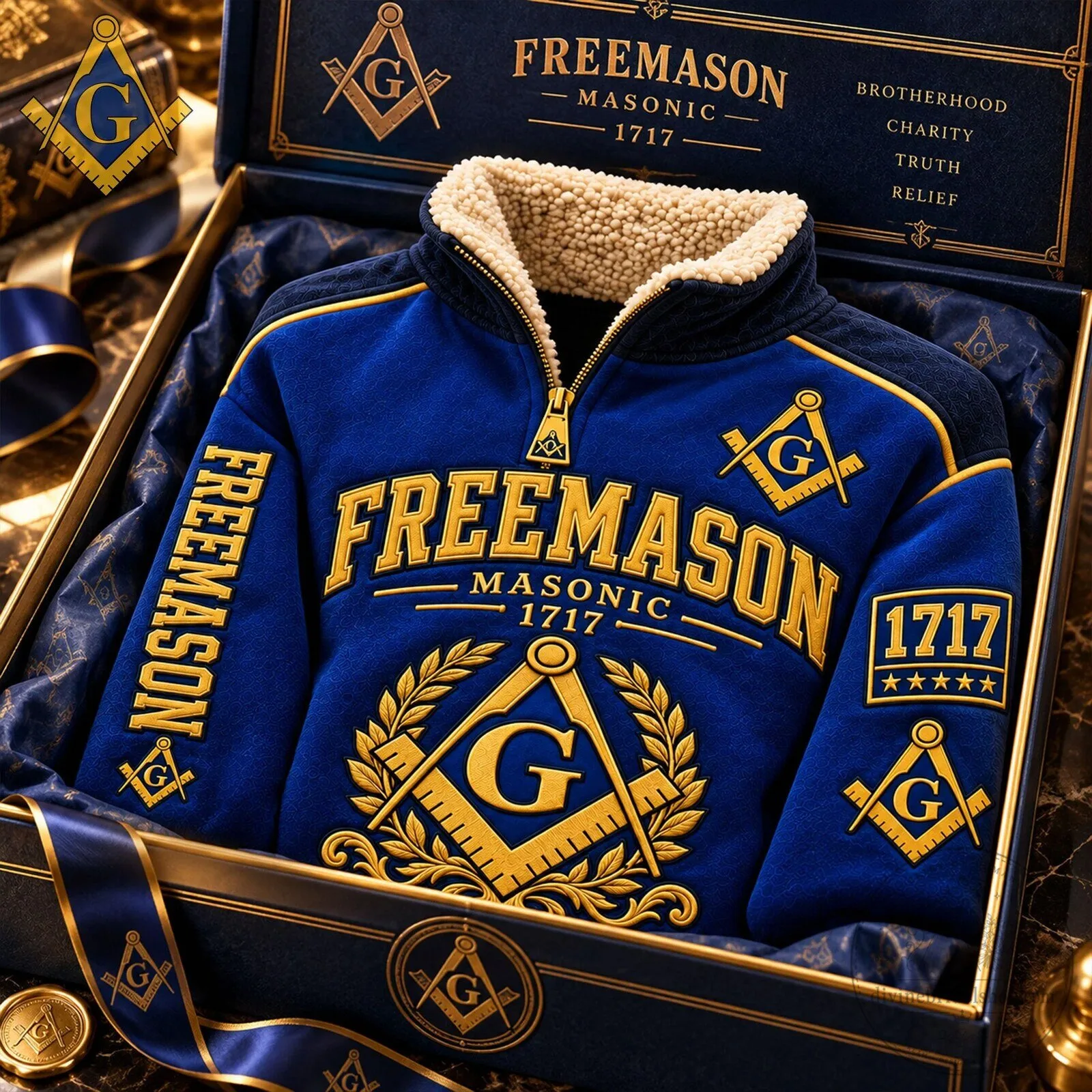 Freemason Masonic 1717 Blue Gold Sherpa Collar Quarter Zip Pullover Sweatshirt 5 Freemason Masonic 1717 Blue Gold Sherpa Collar Quarter Zip Pullover Sweatshirt