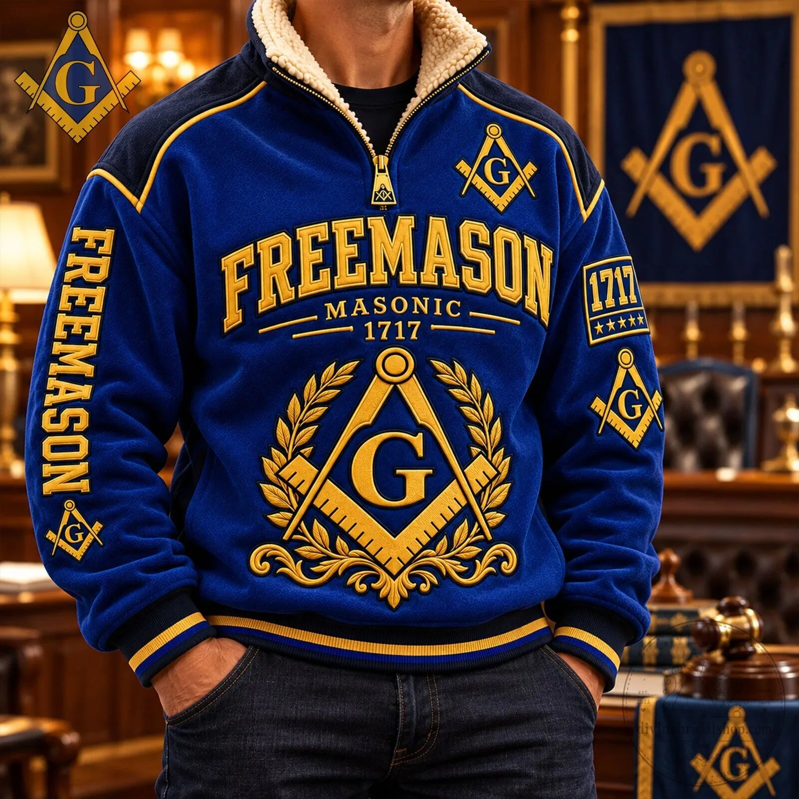 Freemason Masonic 1717 Blue Gold Sherpa Collar Quarter Zip Pullover Sweatshirt 6 Freemason Masonic 1717 Blue Gold Sherpa Collar Quarter Zip Pullover Sweatshirt