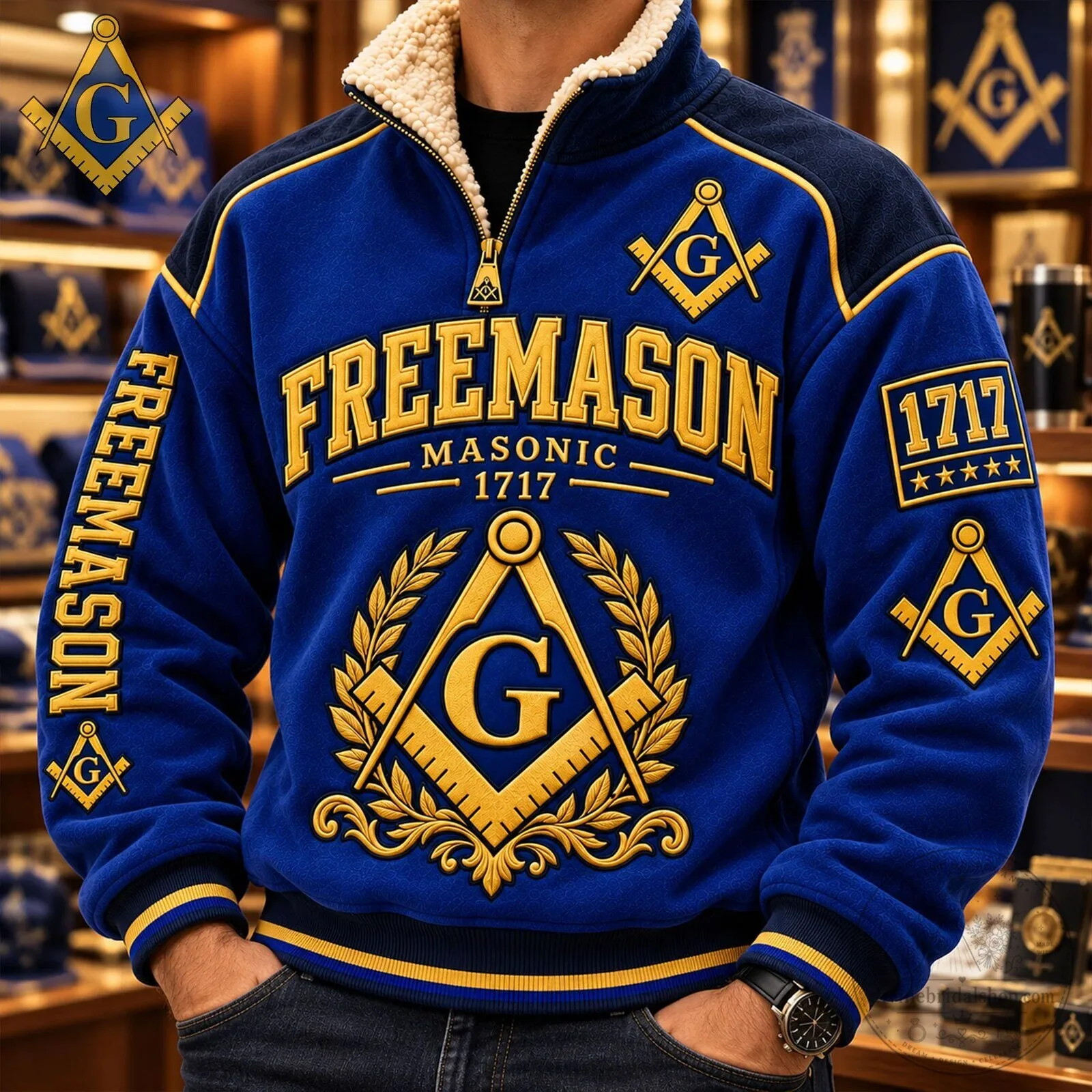 Freemason Masonic 1717 Blue Gold Sherpa Collar Quarter Zip Pullover Sweatshirt 7 Freemason Masonic 1717 Blue Gold Sherpa Collar Quarter Zip Pullover Sweatshirt