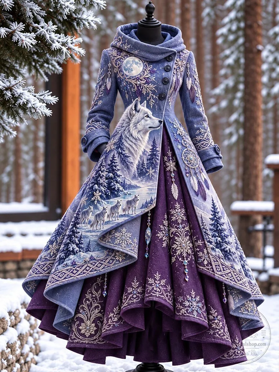 Winter Wolf Moon Forest Womens Fantasy Long Coat
