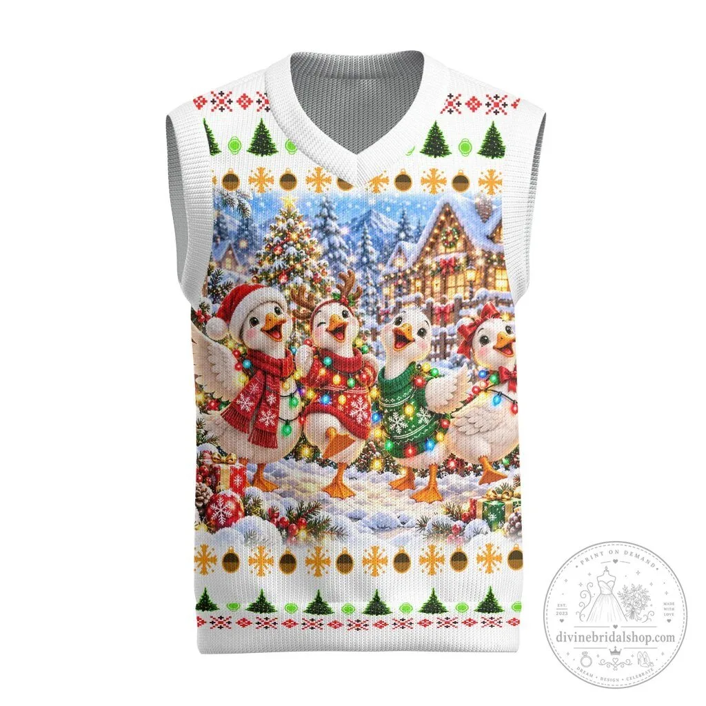 Merry Goose Christmas Knitted V-Neck Vest Festive Winter Village Fair Isle Ugly Christmas Pattern