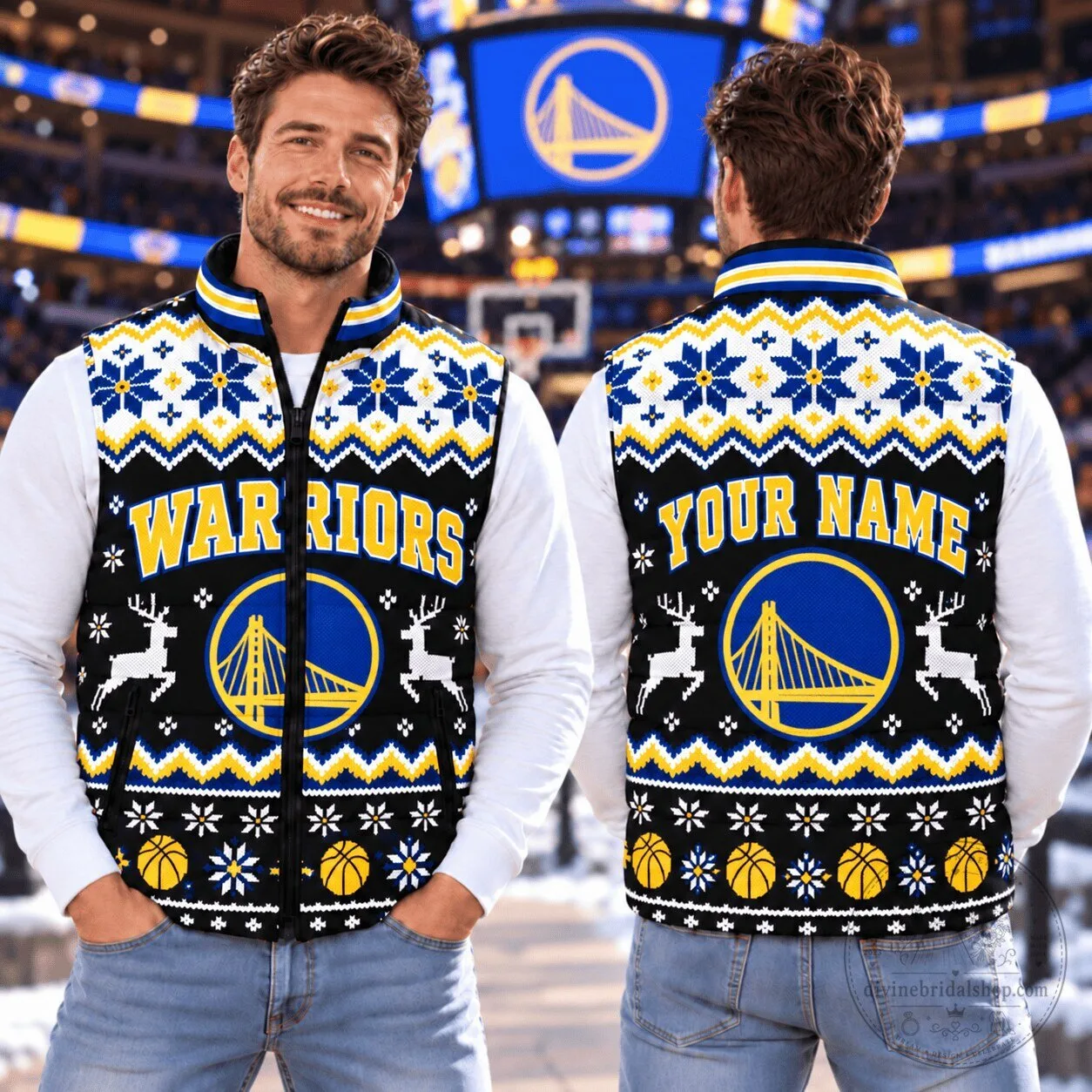 Golden State Warriors Personalized Christmas Ugly Sweater Puffer Vest