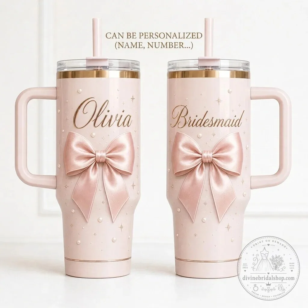 Personalized Coquette Pink Bow 40oz Tumbler with Handle Custom Name Bridesmaid Gift