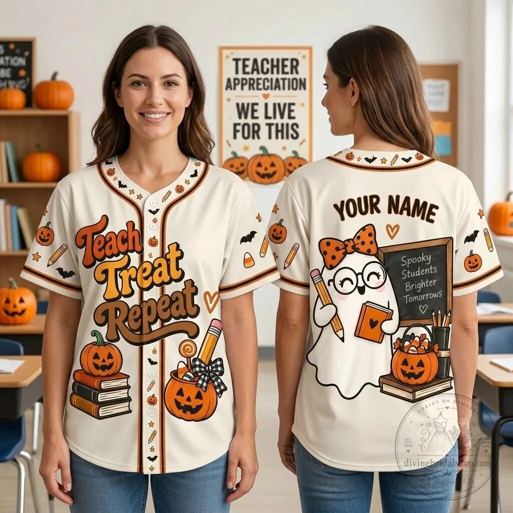Personalized Teach Treat Repeat Halloween Teacher Appreciation Baseball Jersey