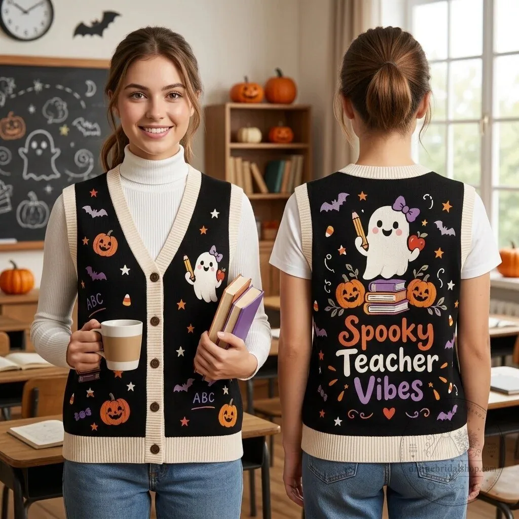 Spooky Teacher Vibes Halloween Ghost Pumpkin Knitted Cardigan Vest