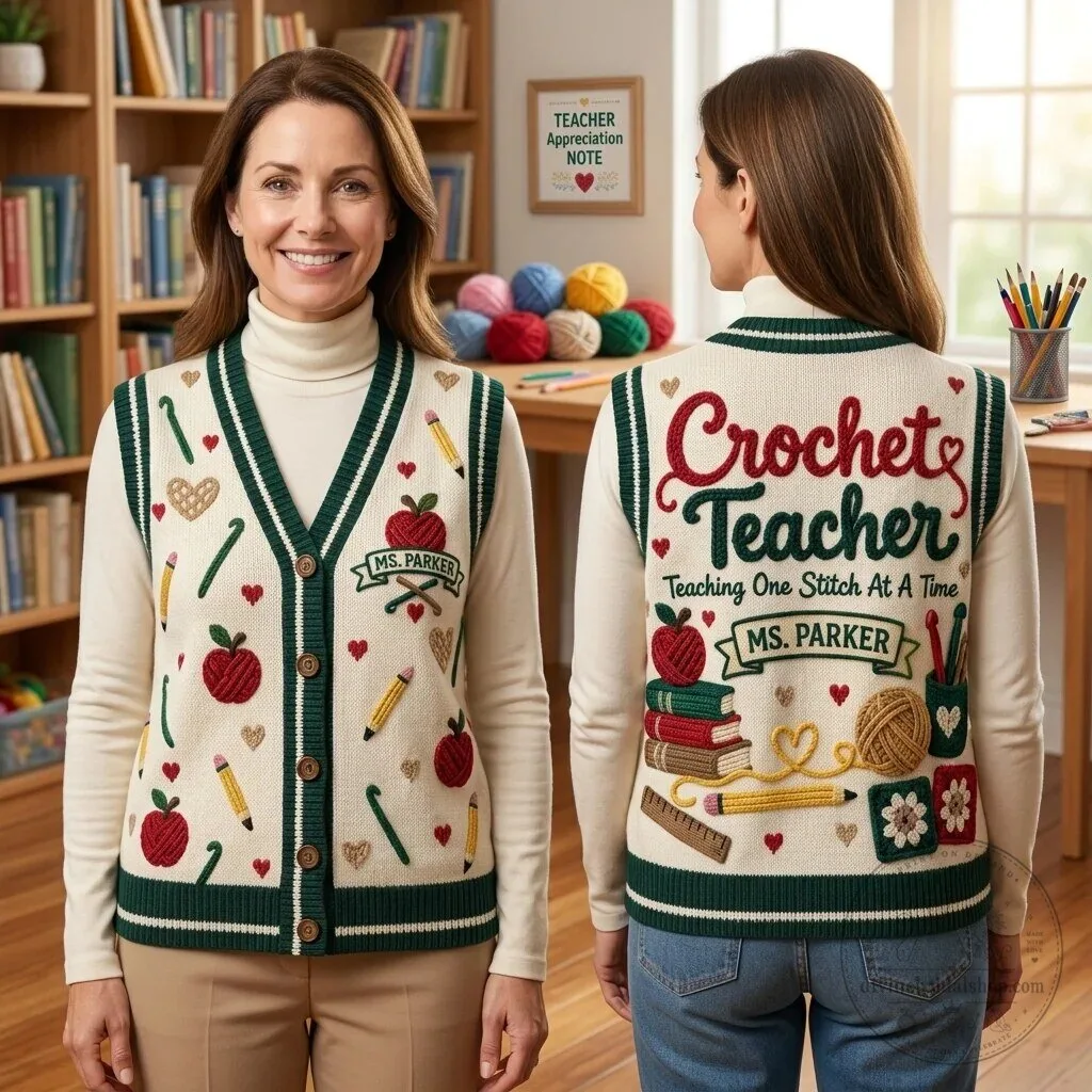 Personalized Crochet Teacher Appreciation Vest Cardigan