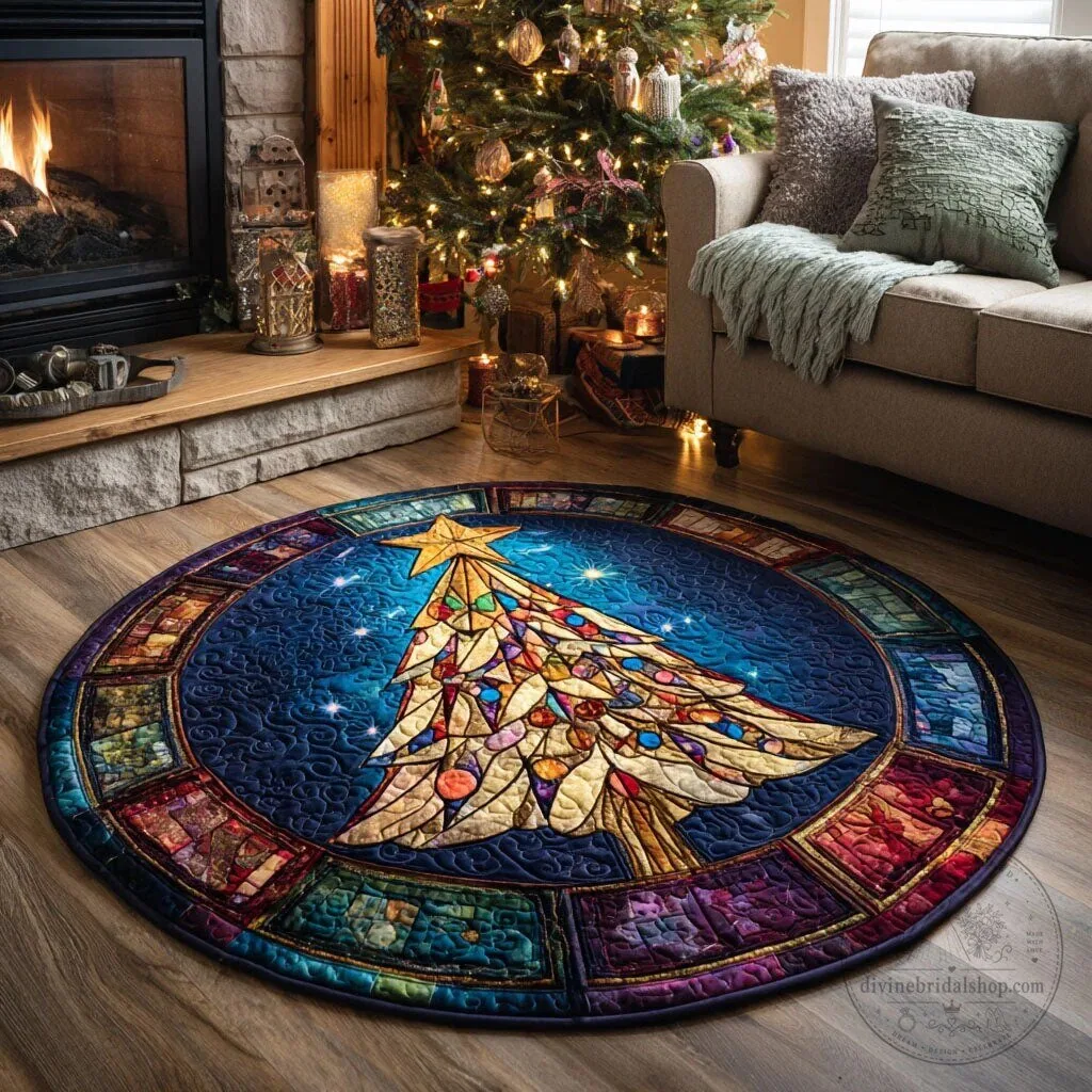 Stained Glass Christmas Tree Quilted Round Mat