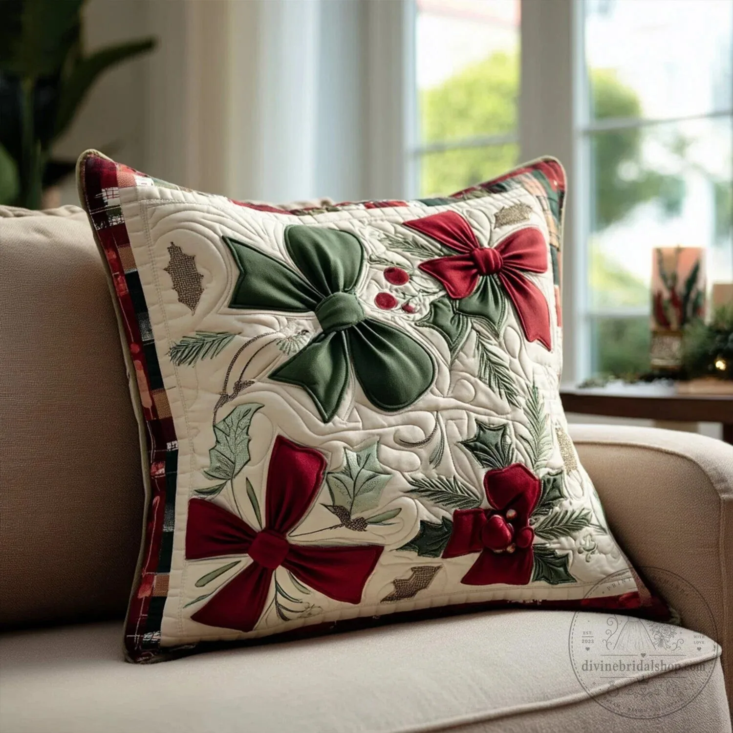 Christmas Holiday Quilted Decorative Throw Pillow Cover