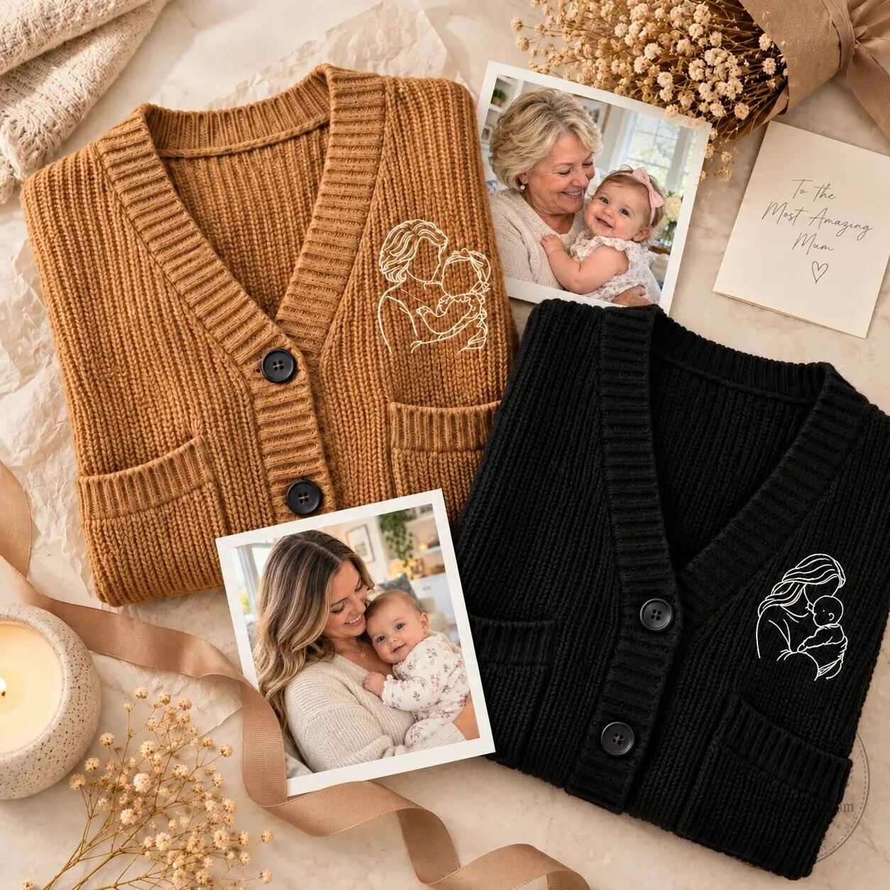 Personalized Custom Line Art Family Portrait Embroidered Cardigan Sweater Gift