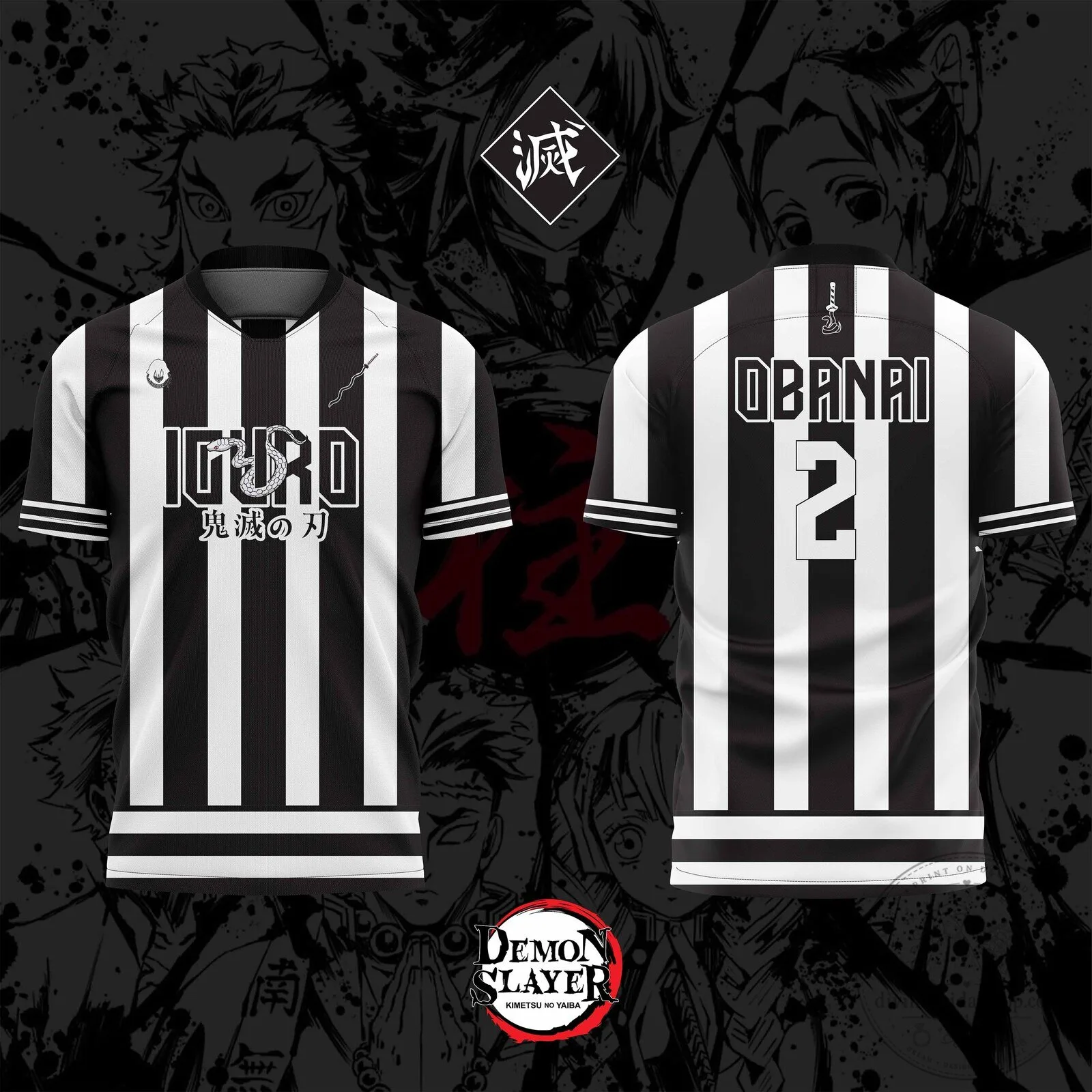Demon Slayer Obanai Iguro Black and White Striped Soccer Jersey
