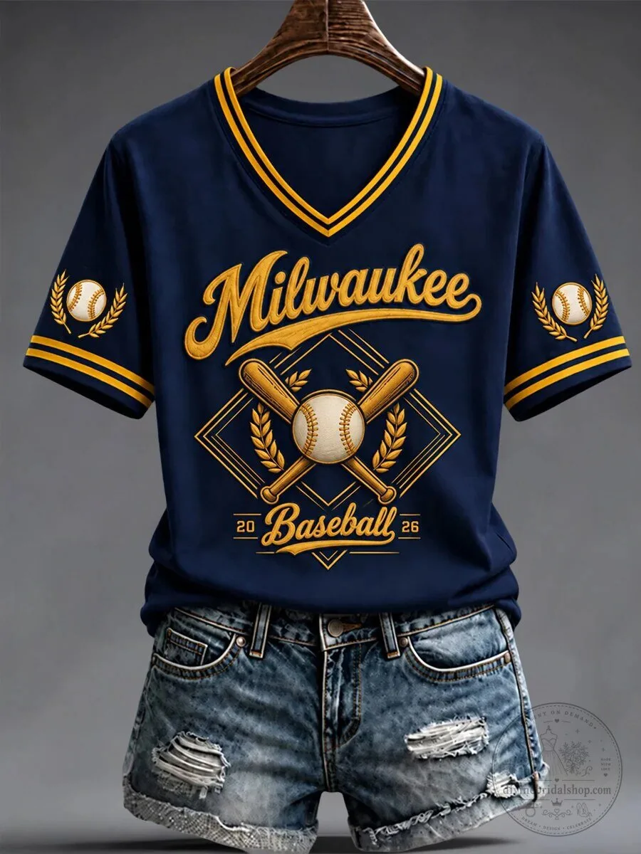 Milwaukee Baseball Sports Fan V-Neck Short Sleeve T-Shirt
