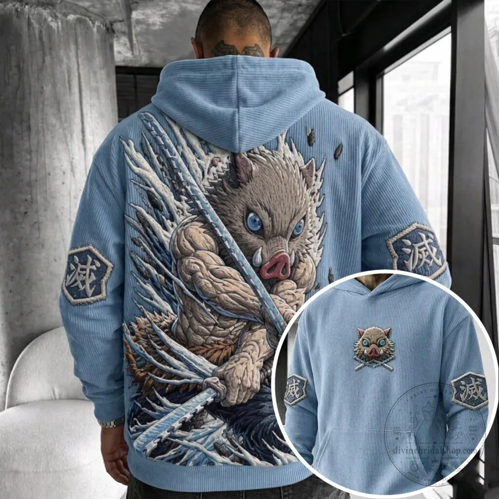 Demon Slayer Inosuke Hashibira Anime Embroidered Corduroy Hoodie