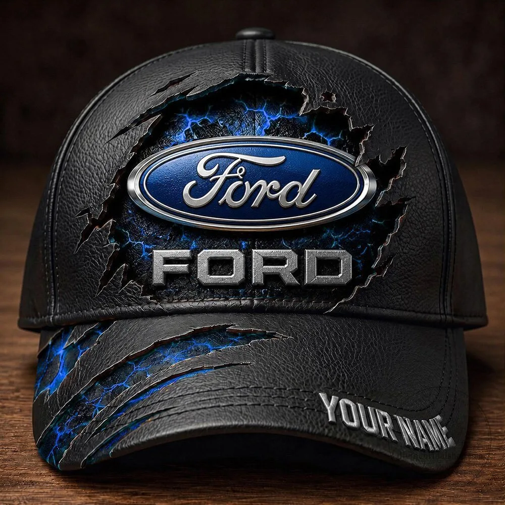 Ford Motor Company Blue Lightning Cracked Leather Personalized Cap Hat