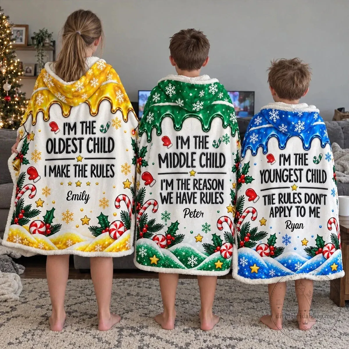 Personalized Oldest Middle Youngest Child Christmas Wearable Hooded Blanket