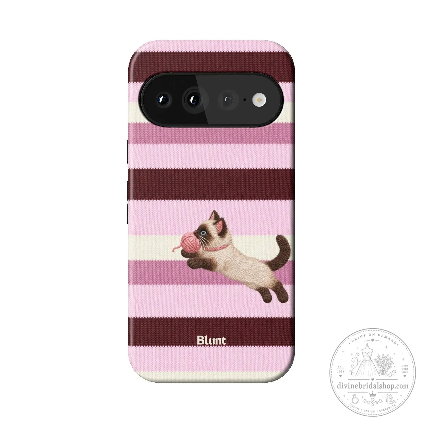 Cute Siamese Kitten Playing With Yarn Ball Pink Striped Phone Case